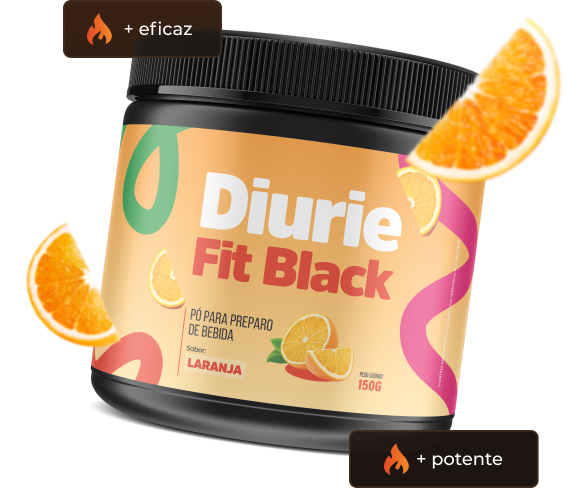 Embalagem de Diurie Fit Black, suplemento em pó de sabor laranja, com rótulo destacando a eficácia e potência do produto, ideal para preparo de bebidas.
