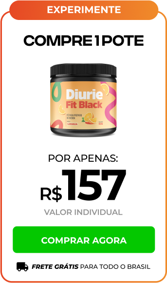 Embalagem de Diurie Fit Black, suplemento em pó de sabor laranja, com rótulo destacando a eficácia e potência do produto, ideal para preparo de bebidas.